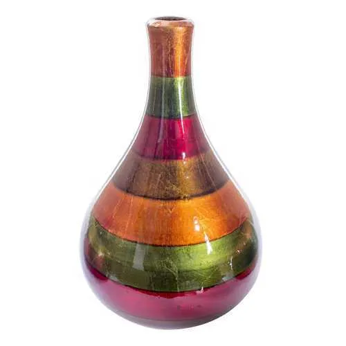 Green Red Brown Ceramic Lacquered Stripe Teardrop Bud Vase