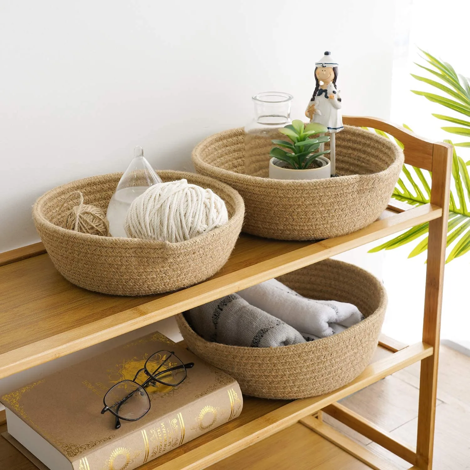 Habere India-All the Cultures Fabricating India Jute Baskets Online|Designer Baskets|Storage Shelves Baskets|Fruit Baskets or clothes (Round Shape, Beige, Set of All 3 Sizes - S,M & L)