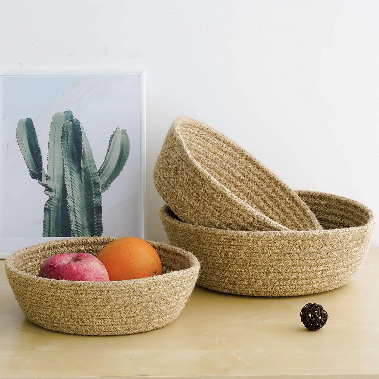 Habere India-All the Cultures Fabricating India Jute Baskets Online|Designer Baskets|Storage Shelves Baskets|Fruit Baskets or clothes (Round Shape, Beige, Set of All 3 Sizes - S,M & L)