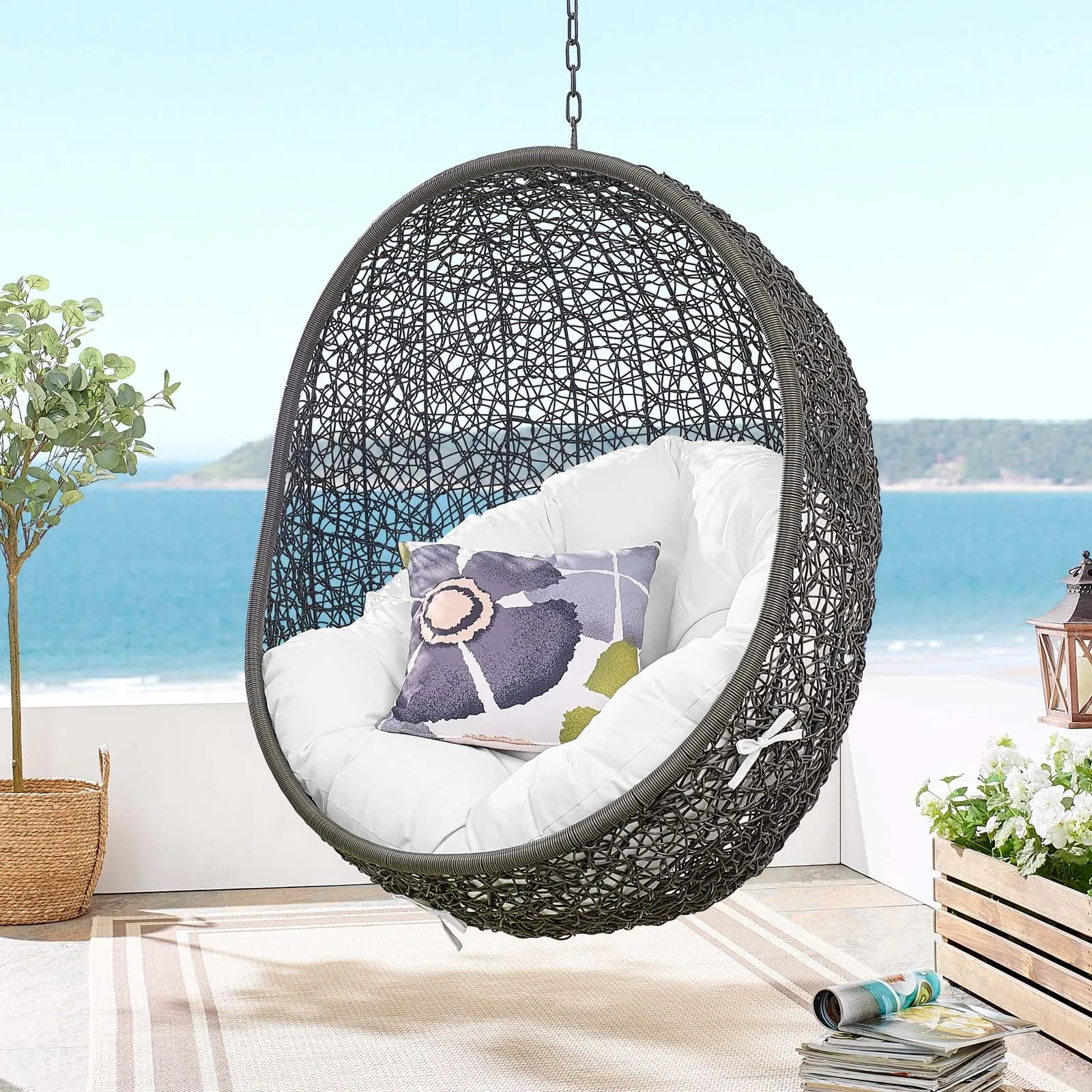 Hide Outdoor Patio Swing Chair With Stand Gray White EEI-2273-GRY-WHI