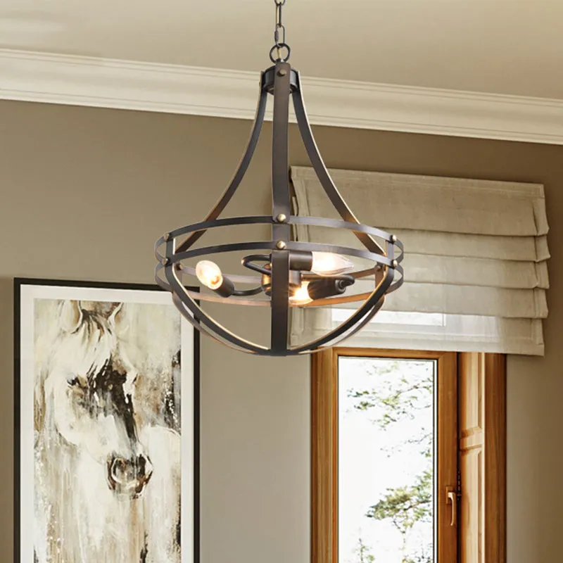 Industrial Wire Cage Chandelier Pendant Light Fixture with 3 Bulbs - Bronze Finish