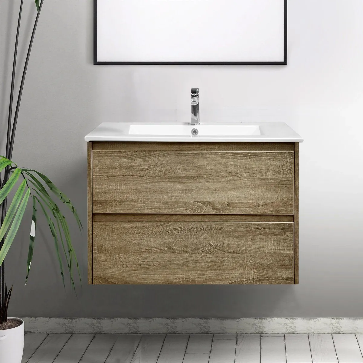 KRIS 900mm Oak Wall Hung Vanity   Ceramic Top