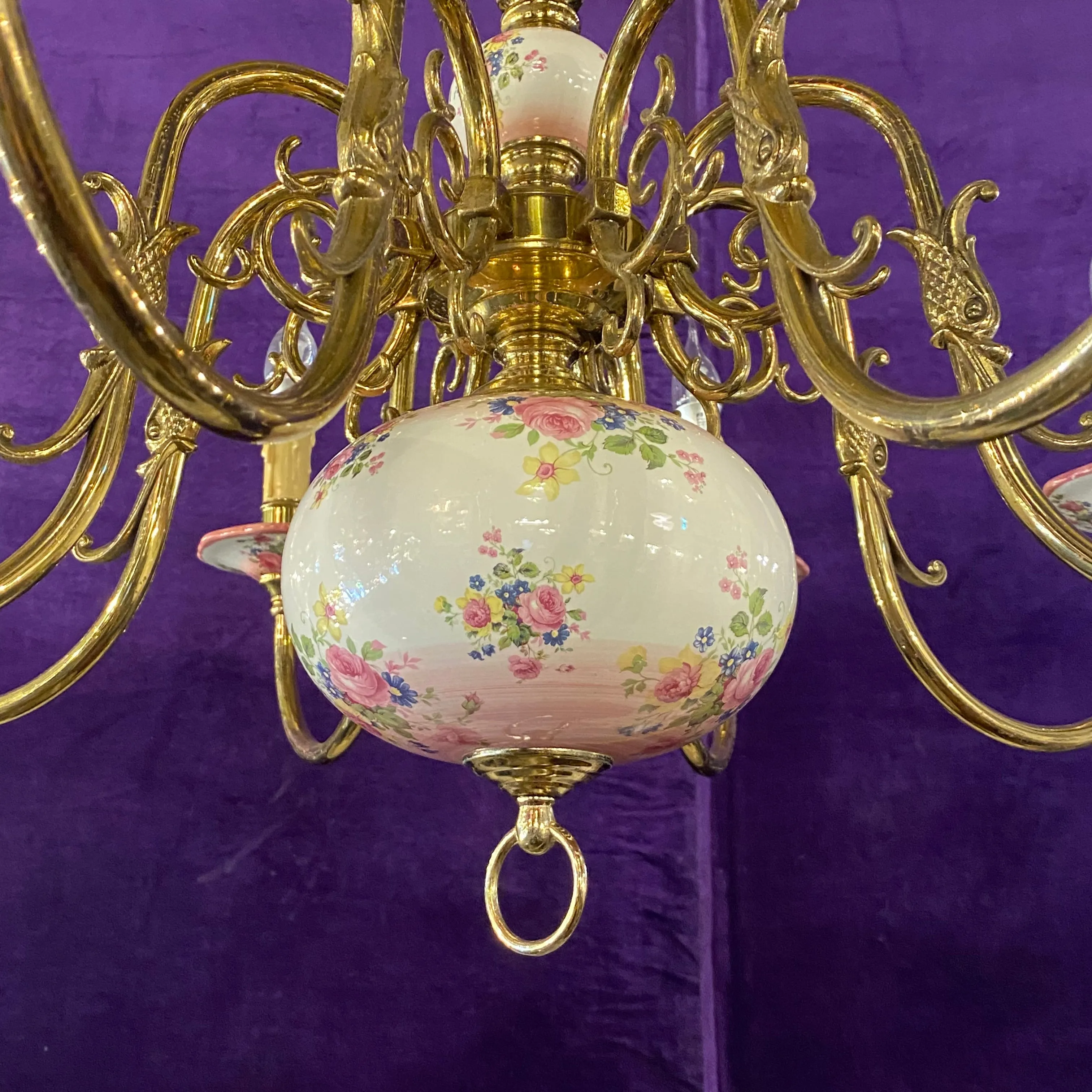 Large & Elegant Pink Delft Chandelier