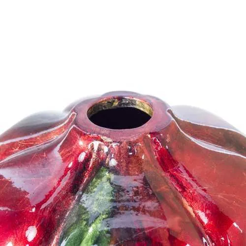 Lia Red Green Bronze Ceramic Foil and Lacquer Sculpted Gourd Vase