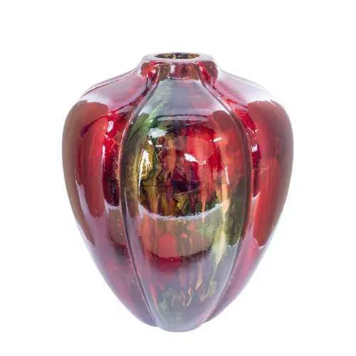 Lia Red Green Bronze Ceramic Foil and Lacquer Sculpted Gourd Vase