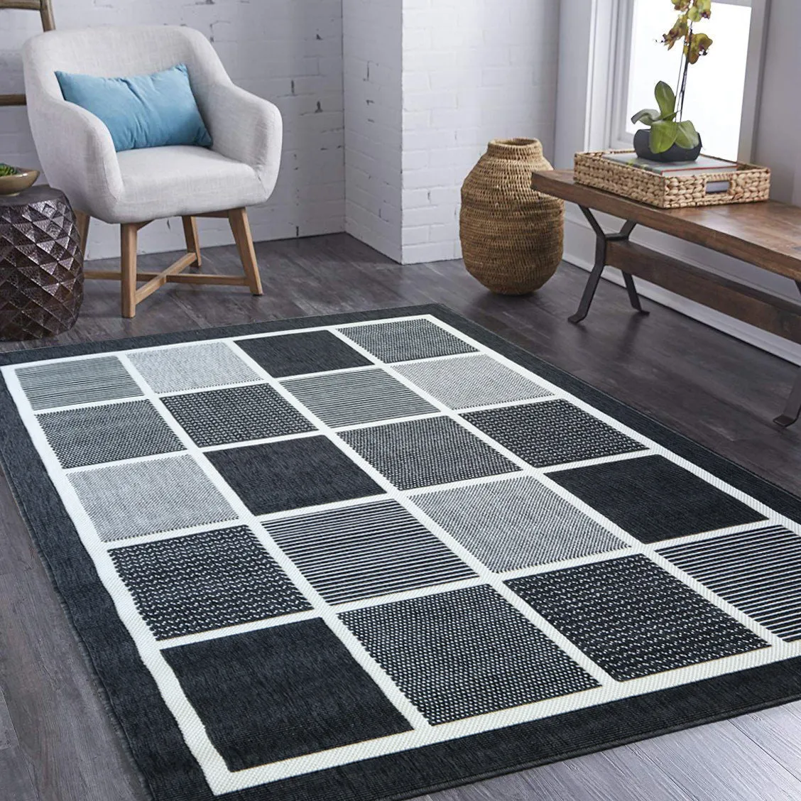 Mercurial Matrix Geometric Check Pattern Area Rug-Grey Mix