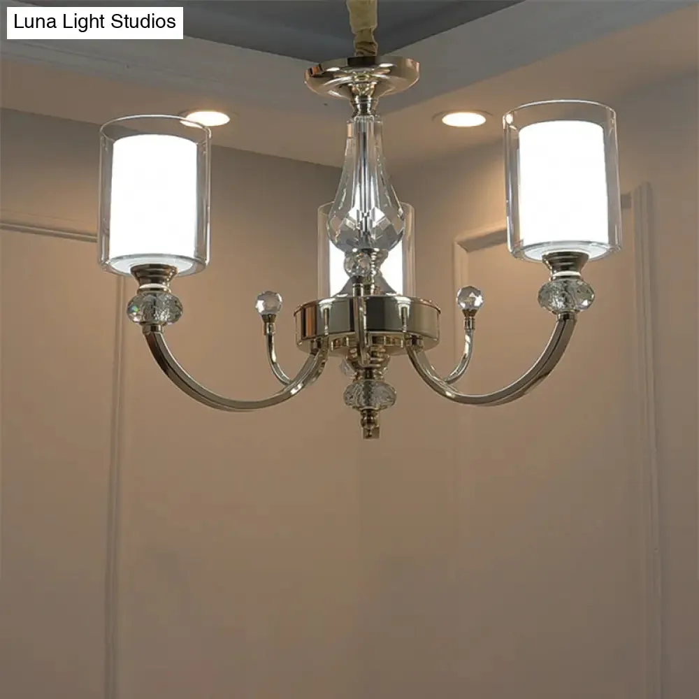 Modern 3-Light Gold Dual-Cylinder Chandelier with Clear and White Glass Shade