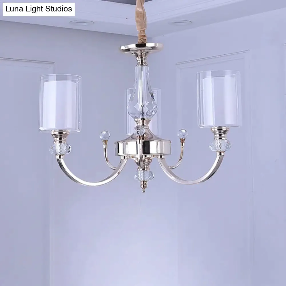 Modern 3-Light Gold Dual-Cylinder Chandelier with Clear and White Glass Shade