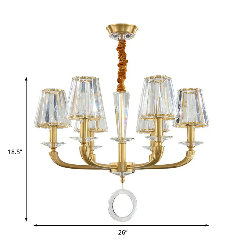 Modern Clear Crystal Cone Pendant Light with 6 Lights and Brass Finish for Bedroom