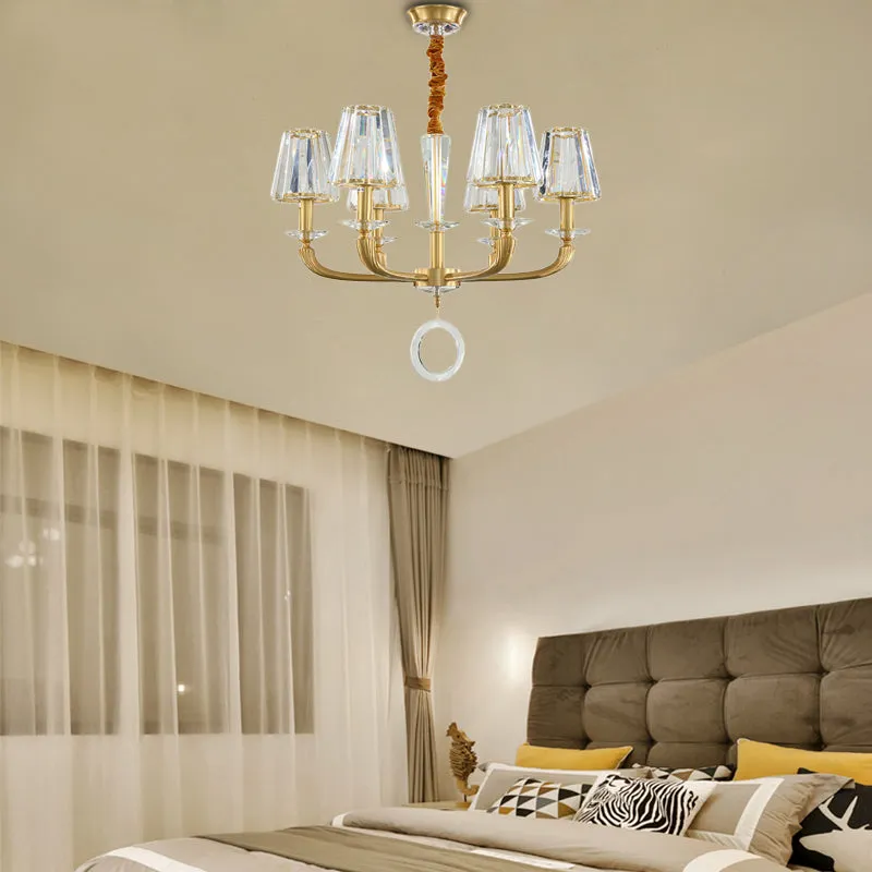 Modern Clear Crystal Cone Pendant Light with 6 Lights and Brass Finish for Bedroom