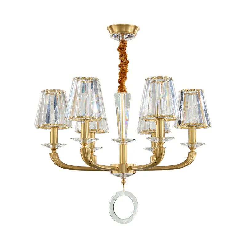 Modern Clear Crystal Cone Pendant Light with 6 Lights and Brass Finish for Bedroom