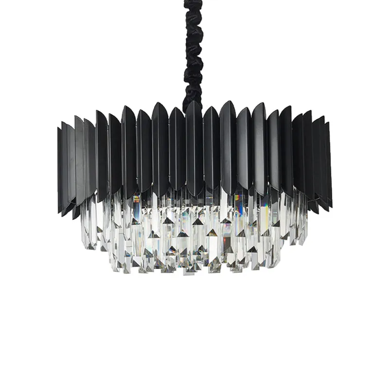 Modern Drum Crystal Prisms Chandelier with 4-Bulb Lighting, Elegant Living Room Pendant Light in Black