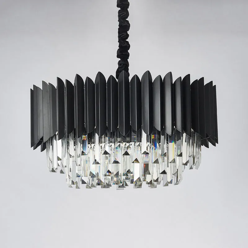 Modern Drum Crystal Prisms Chandelier with 4-Bulb Lighting, Elegant Living Room Pendant Light in Black