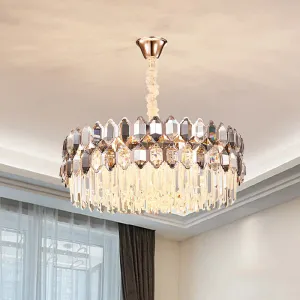 Modern Round Crystal Chandelier with 12 Gold Lights & Clear Prisms