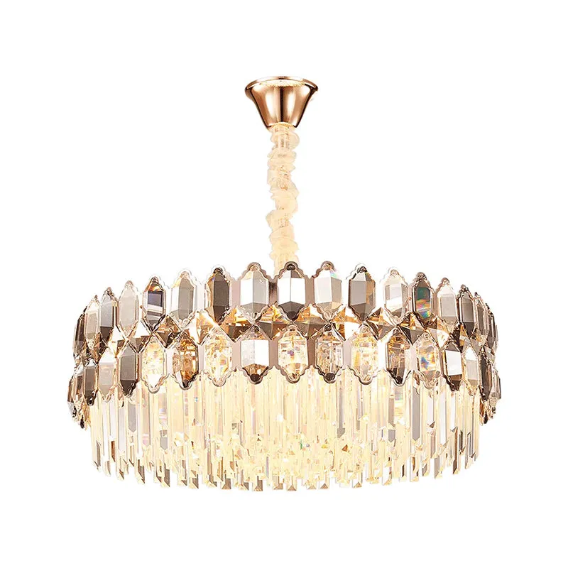 Modern Round Crystal Chandelier with 12 Gold Lights & Clear Prisms