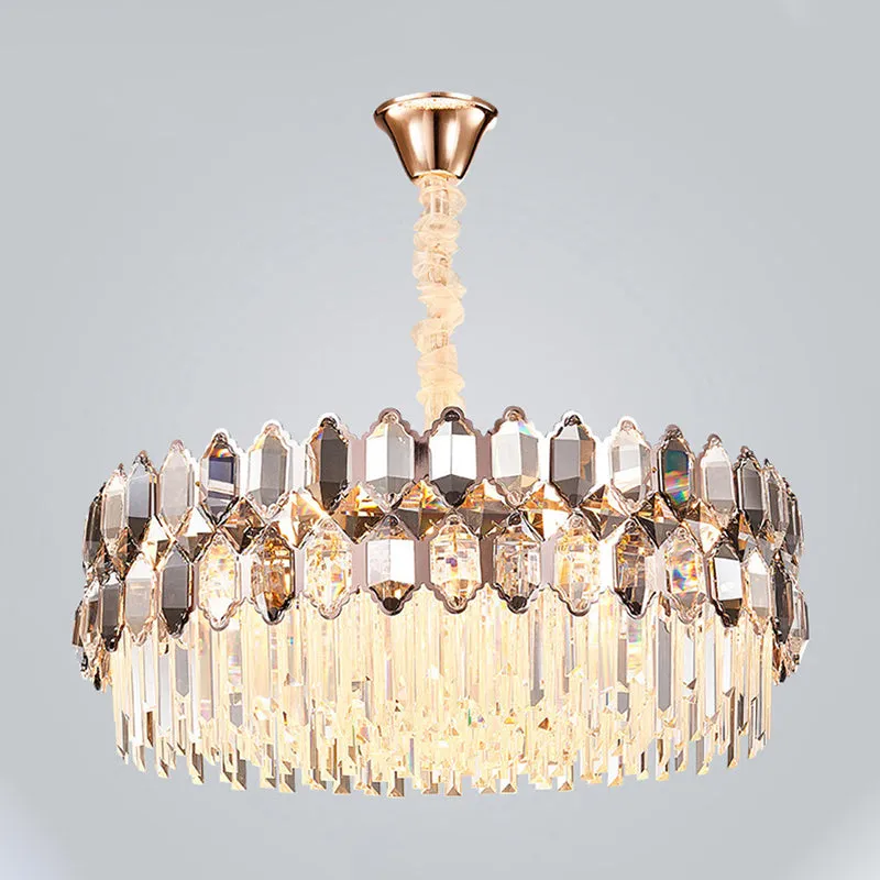 Modern Round Crystal Chandelier with 12 Gold Lights & Clear Prisms