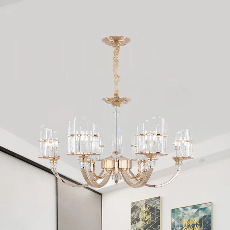 Modern Style Gold Swoop Arm Chandelier Light with Crystal Prism | 6 Lights Dining Table Suspension Lamp