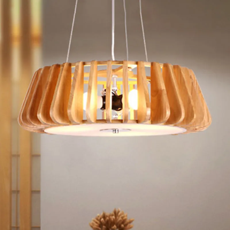 Modern Wooden Drum Chandelier: Triple Light Pendant for Restaurant Ceiling