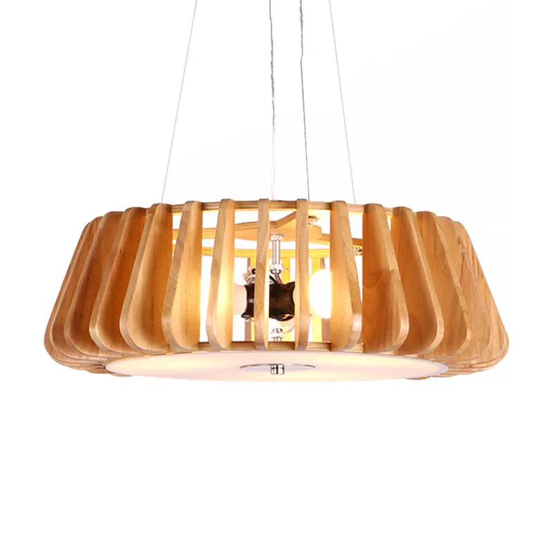 Modern Wooden Drum Chandelier: Triple Light Pendant for Restaurant Ceiling