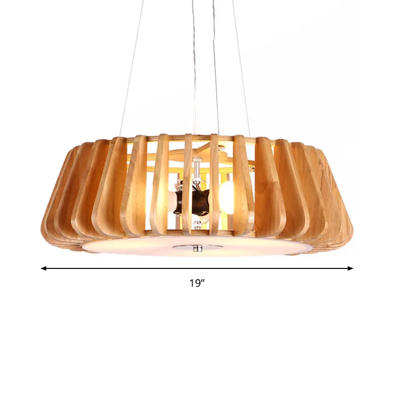 Modern Wooden Drum Chandelier: Triple Light Pendant for Restaurant Ceiling