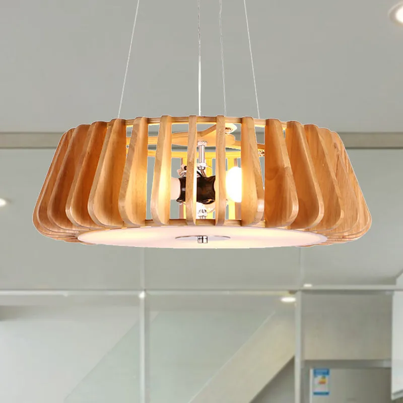 Modern Wooden Drum Chandelier: Triple Light Pendant for Restaurant Ceiling