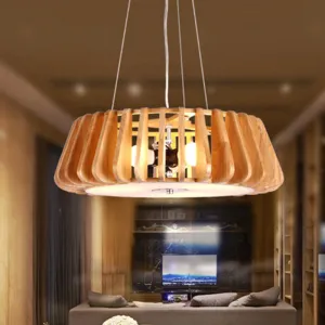 Modern Wooden Drum Chandelier: Triple Light Pendant for Restaurant Ceiling