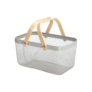 Multi-Functional Large Mesh Storage Basket With A Wooden Handle Grey