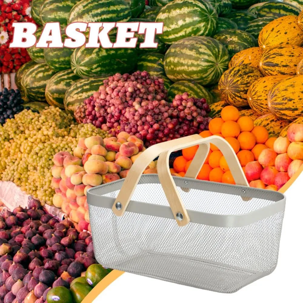 Multi-Functional Large Mesh Storage Basket With A Wooden Handle Grey