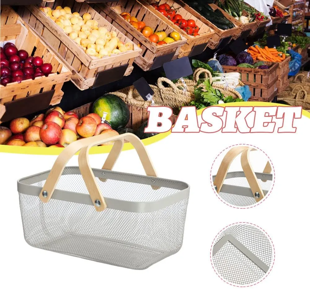 Multi-Functional Large Mesh Storage Basket With A Wooden Handle Grey