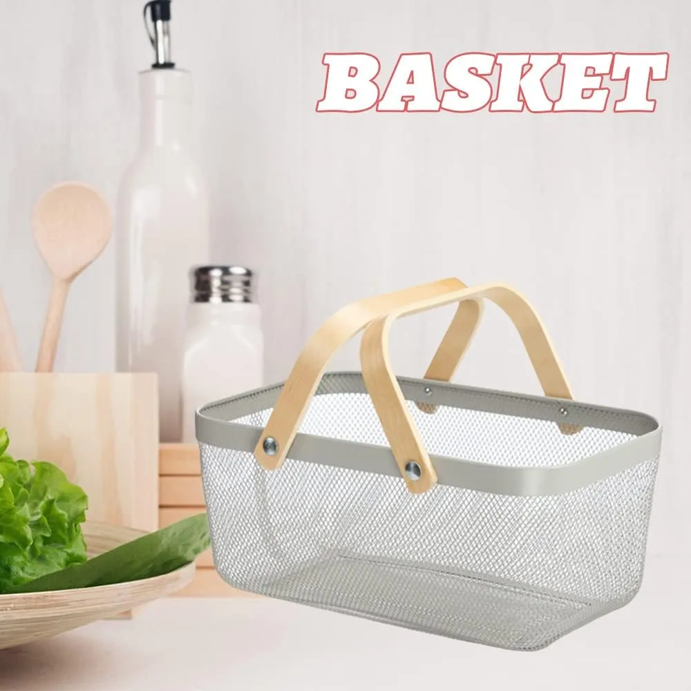 Multi-Functional Large Mesh Storage Basket With A Wooden Handle Grey