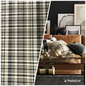 NEW Lady Riley Designer 100% Silk Taffeta Plaid Tartan Fabric- Black Taupe Cream SB_6_38