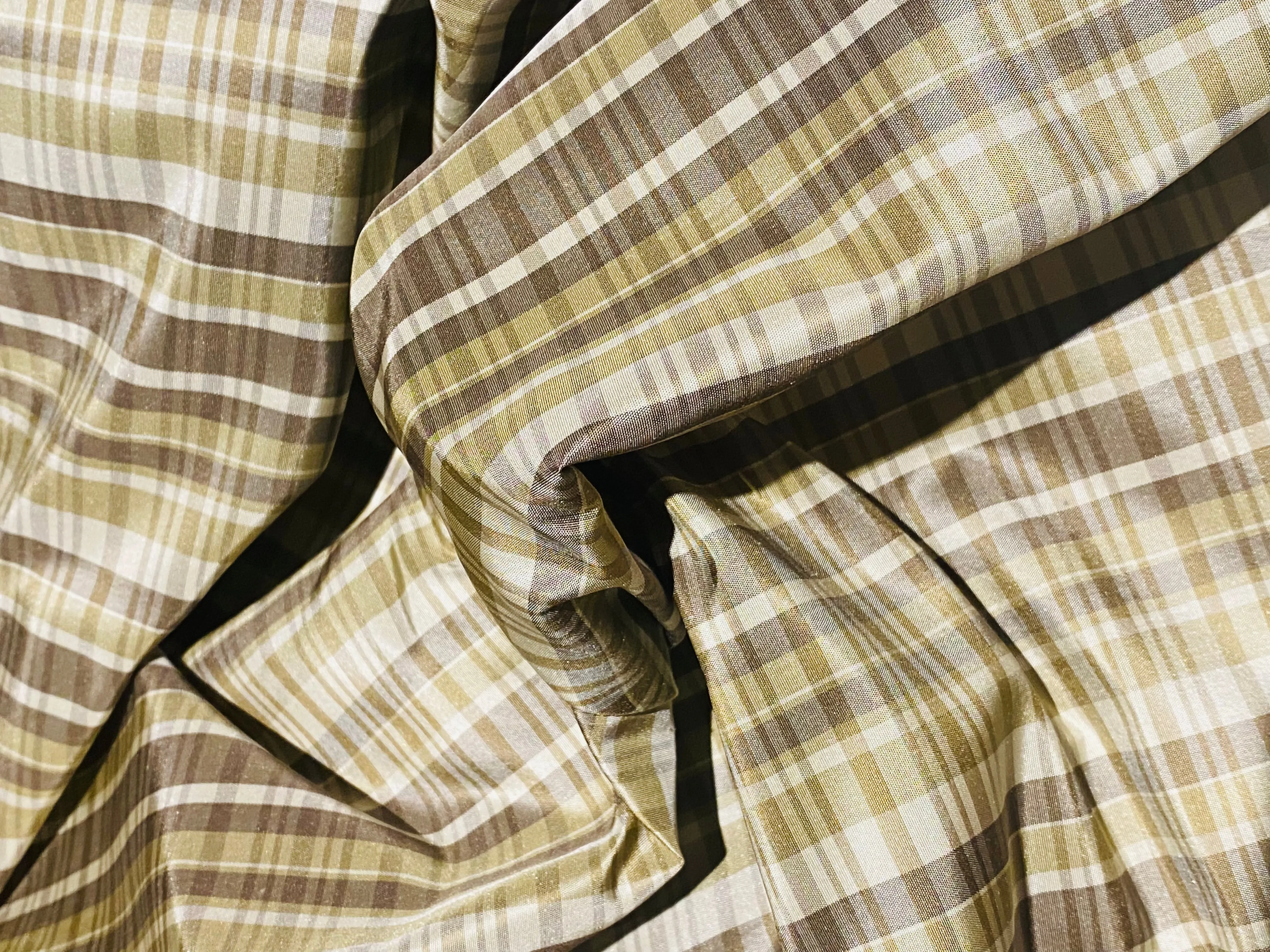 NEW Lady Riley Designer 100% Silk Taffeta Plaid Tartan Fabric- Gold, Taupe, and Cream SB_6_39