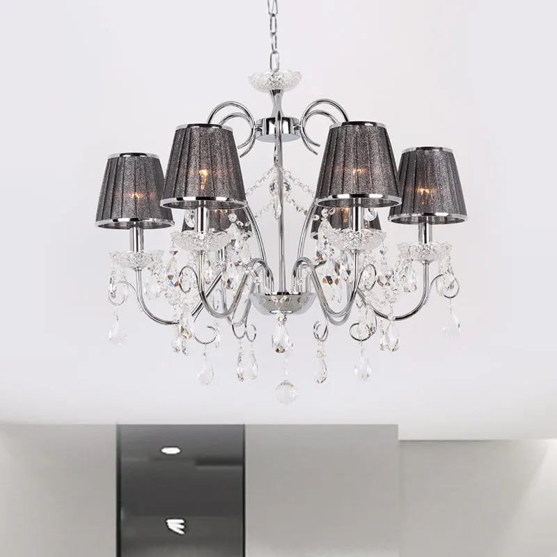 Nordic 6-Bulb Clear K9 Crystal Chandelier with Grey Pleated Fabric Shade - Elegant Candle-Style Ceiling Pendant Light