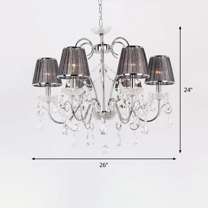 Nordic 6-Bulb Clear K9 Crystal Chandelier with Grey Pleated Fabric Shade - Elegant Candle-Style Ceiling Pendant Light