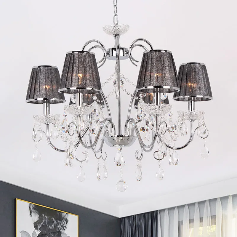 Nordic 6-Bulb Clear K9 Crystal Chandelier with Grey Pleated Fabric Shade - Elegant Candle-Style Ceiling Pendant Light