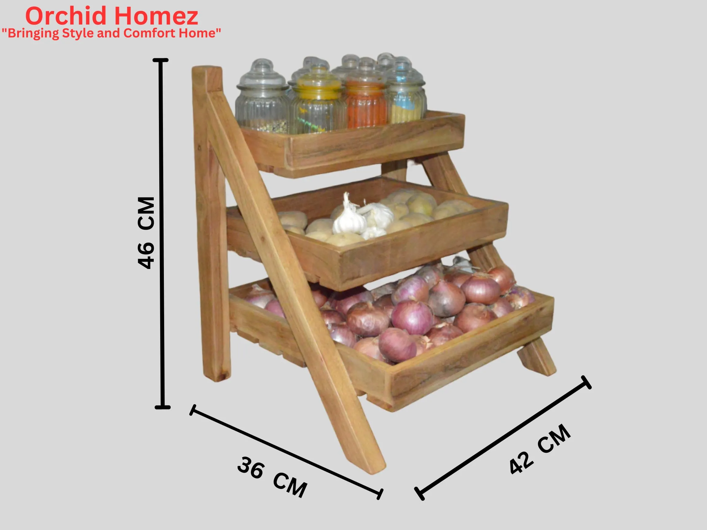 Orchid Homez Solid Wood Veg & Fruit Stand - Multipurpose Kitchen Organizer with Onion Baskets. Sturdy Rack for Kitchen, Perfect Basket for Storage. Durable 3-Layer Storage Unit.