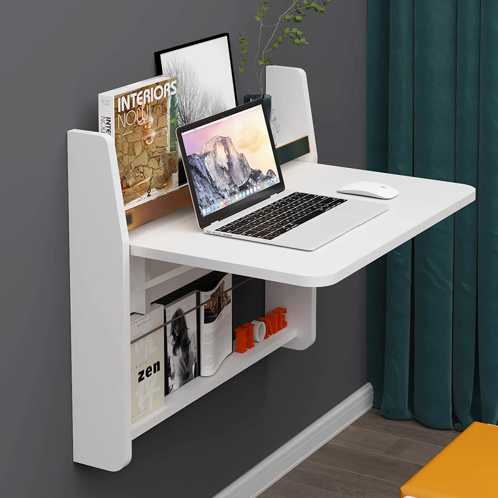 Plywood Floating Wall Desk with Folding Table & Storage Shelves