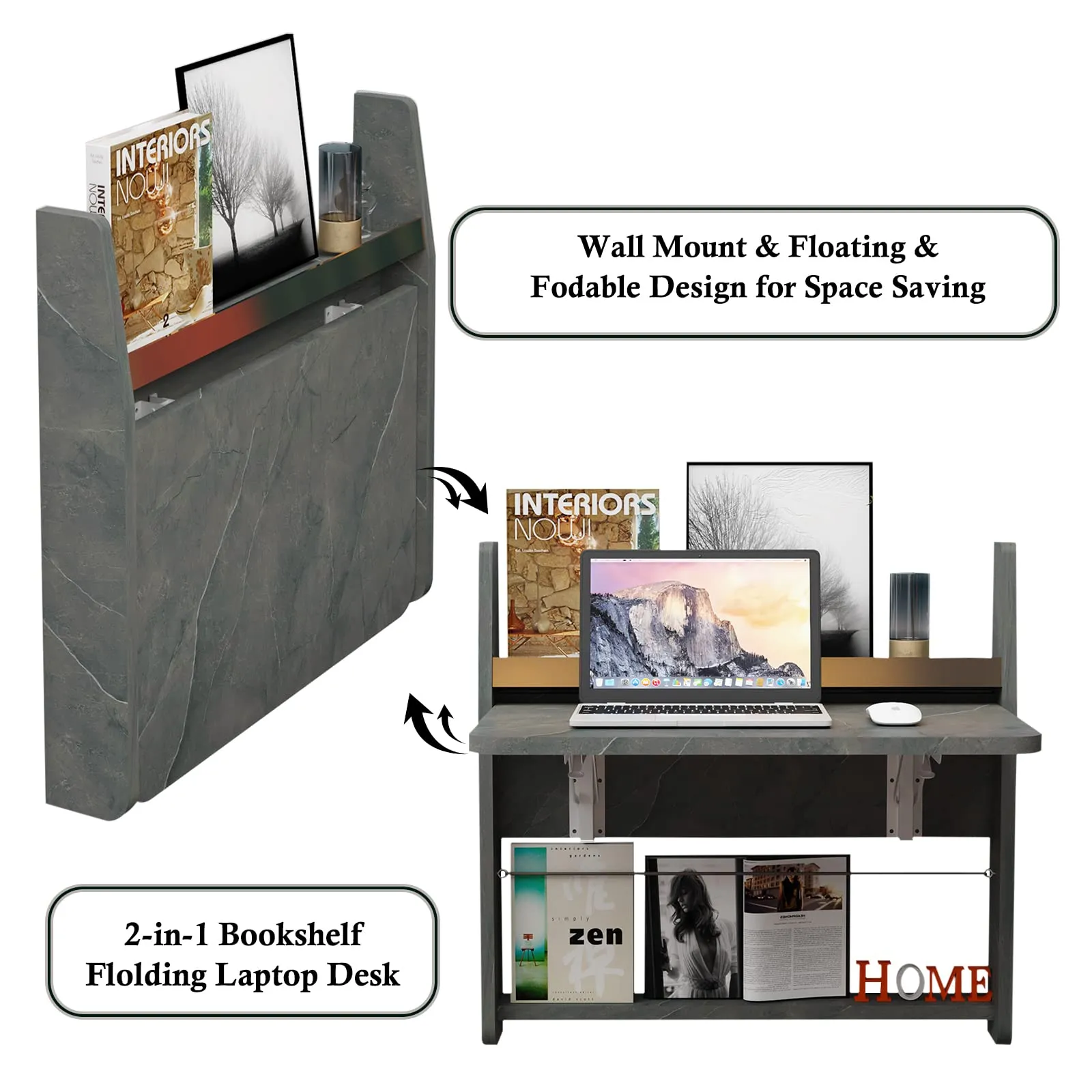 Plywood Floating Wall Desk with Folding Table & Storage Shelves