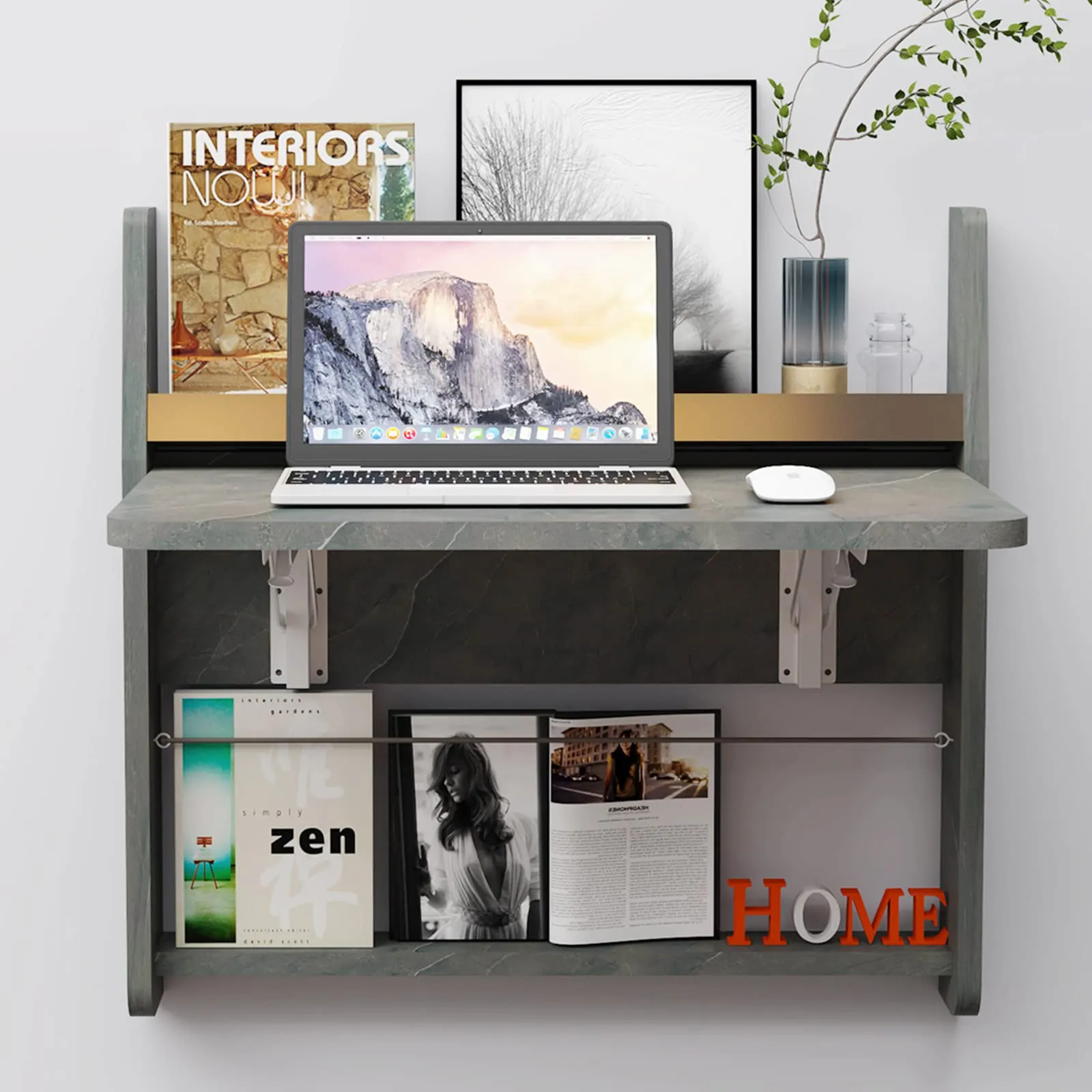 Plywood Floating Wall Desk with Folding Table & Storage Shelves