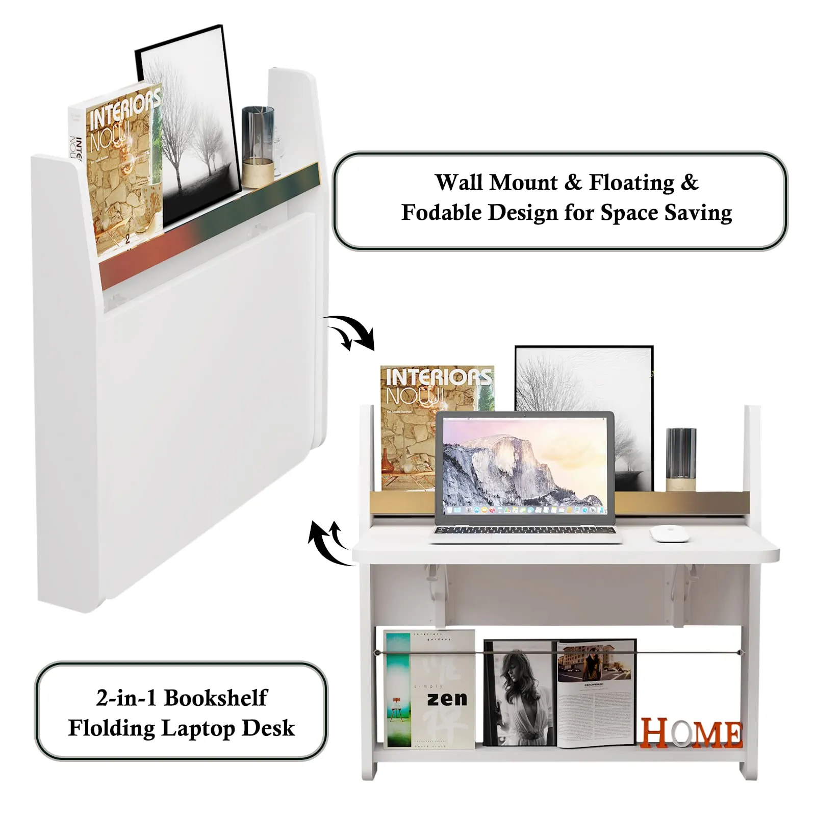 Plywood Floating Wall Desk with Folding Table & Storage Shelves