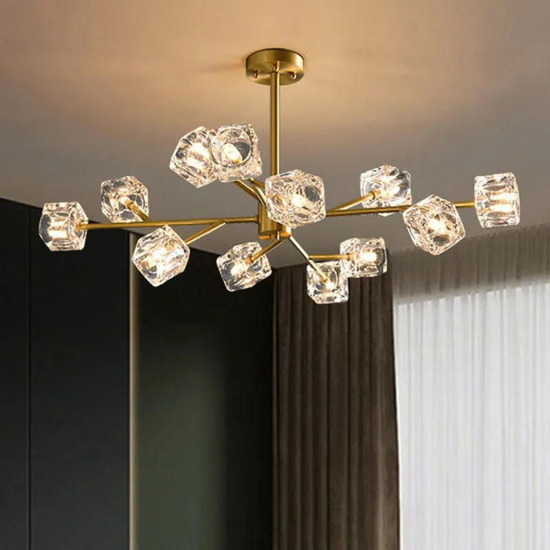 Post-Modern Crystal Cube Gold Chandelier Lamp for Living Room Suspension Light