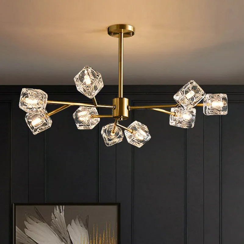 Post-Modern Crystal Cube Gold Chandelier Lamp for Living Room Suspension Light