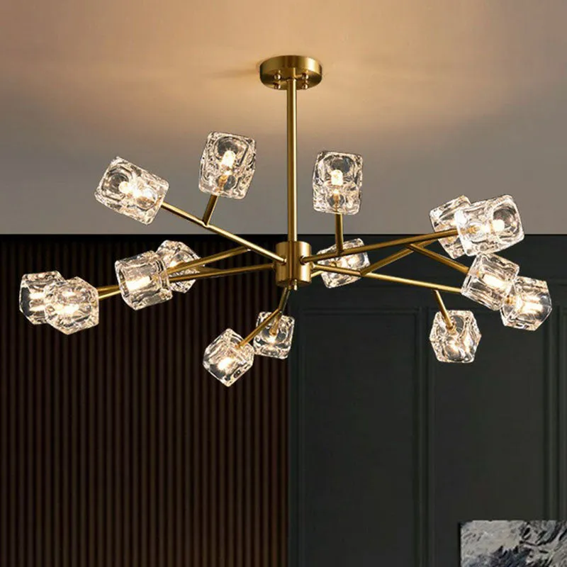 Post-Modern Crystal Cube Gold Chandelier Lamp for Living Room Suspension Light