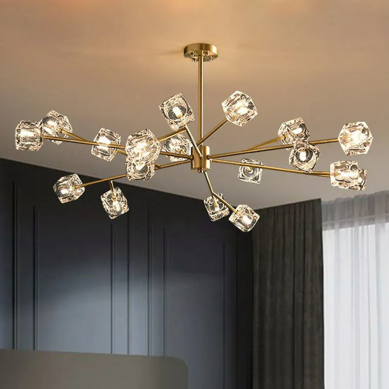 Post-Modern Crystal Cube Gold Chandelier Lamp for Living Room Suspension Light