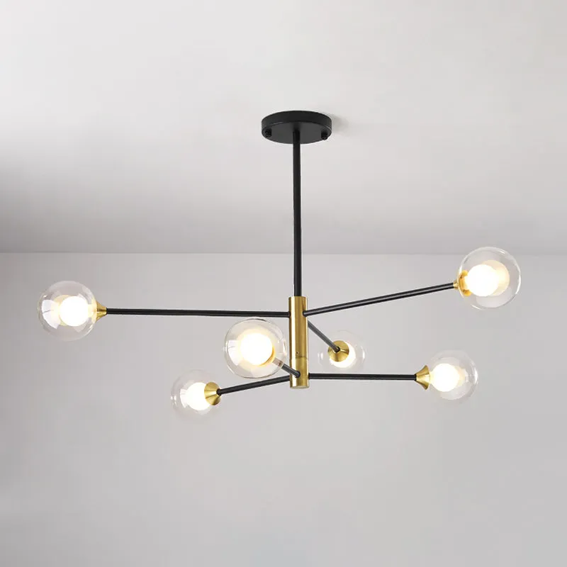 Postmodern 6-Light Chandelier in Black/Gold with Dual Clear Glass Shades