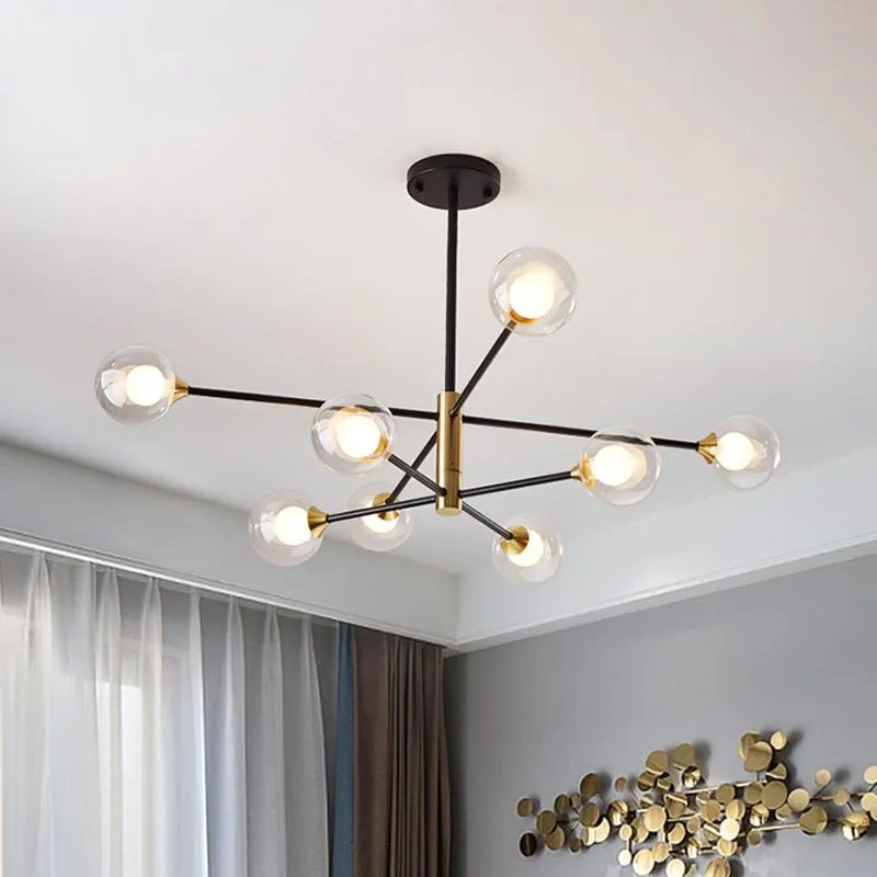 Postmodern 6-Light Chandelier in Black/Gold with Dual Clear Glass Shades