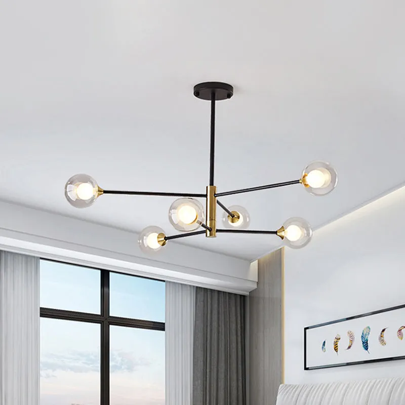 Postmodern 6-Light Chandelier in Black/Gold with Dual Clear Glass Shades