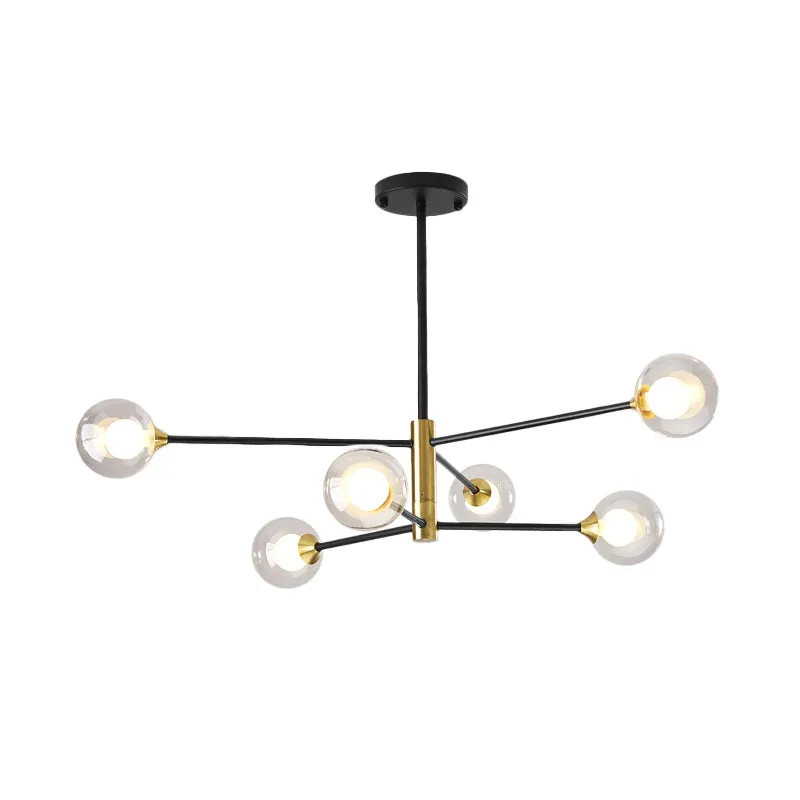 Postmodern 6-Light Chandelier in Black/Gold with Dual Clear Glass Shades