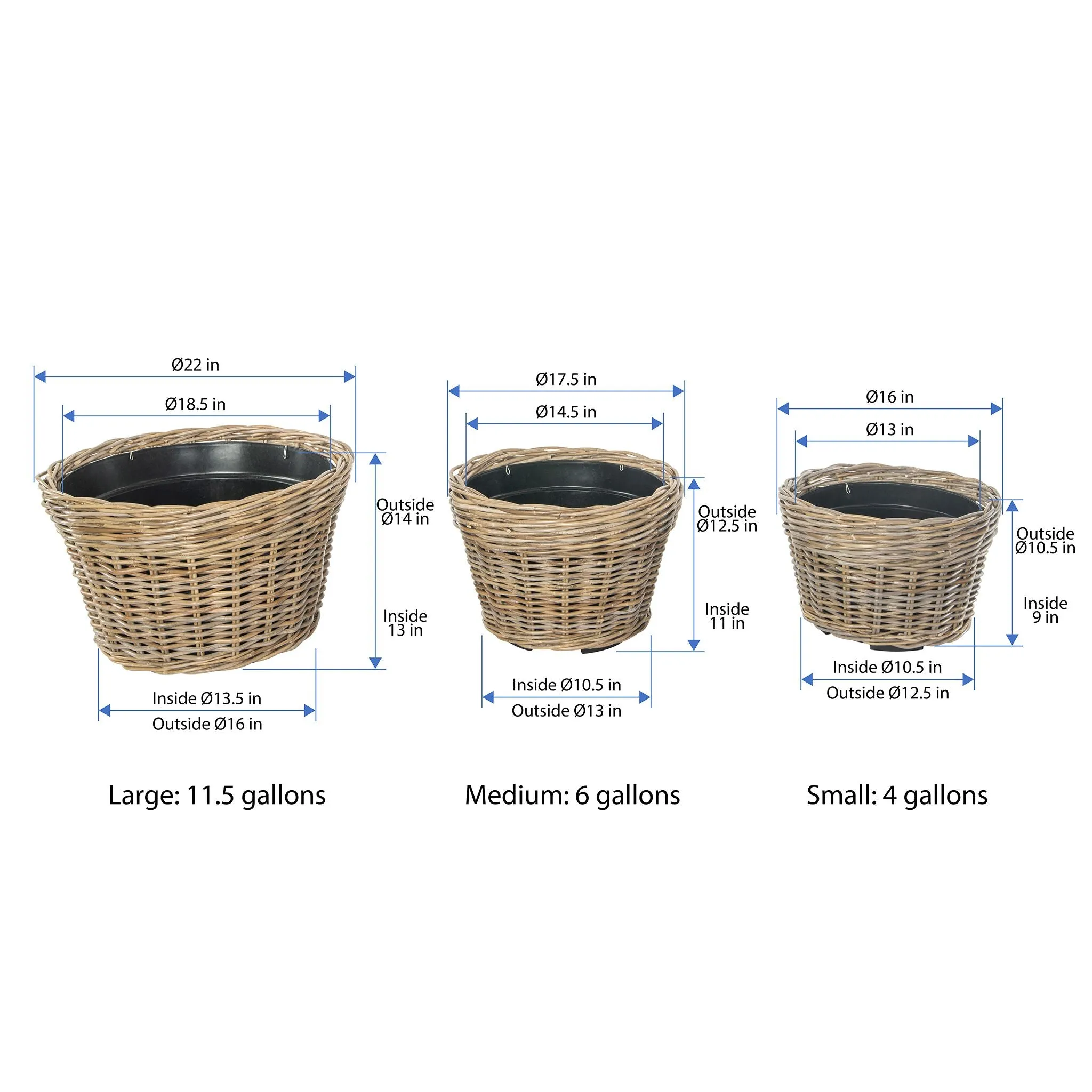 Rattan Kobo Conical Indoor & Outdoor Planter Basket with Plastic Pot