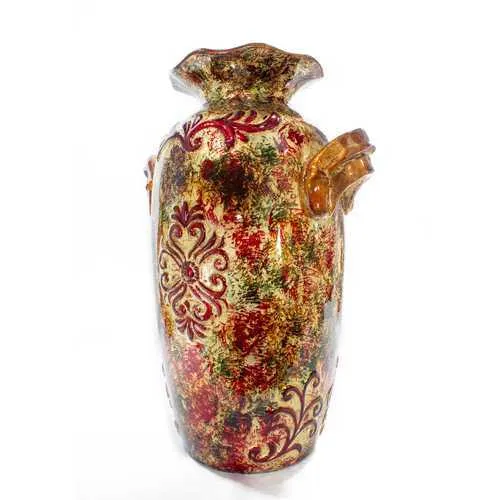 Rea Brown Orange Red Green Ceramic Foil and Lacquer Ruffle Vase